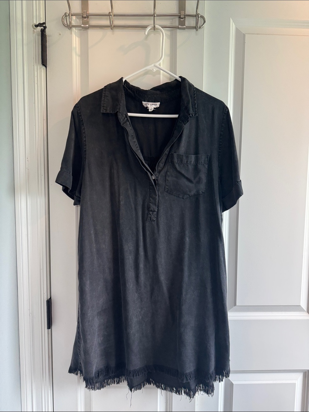 Day + Moon washed Black Polo Shirt Dress with Raw Hem